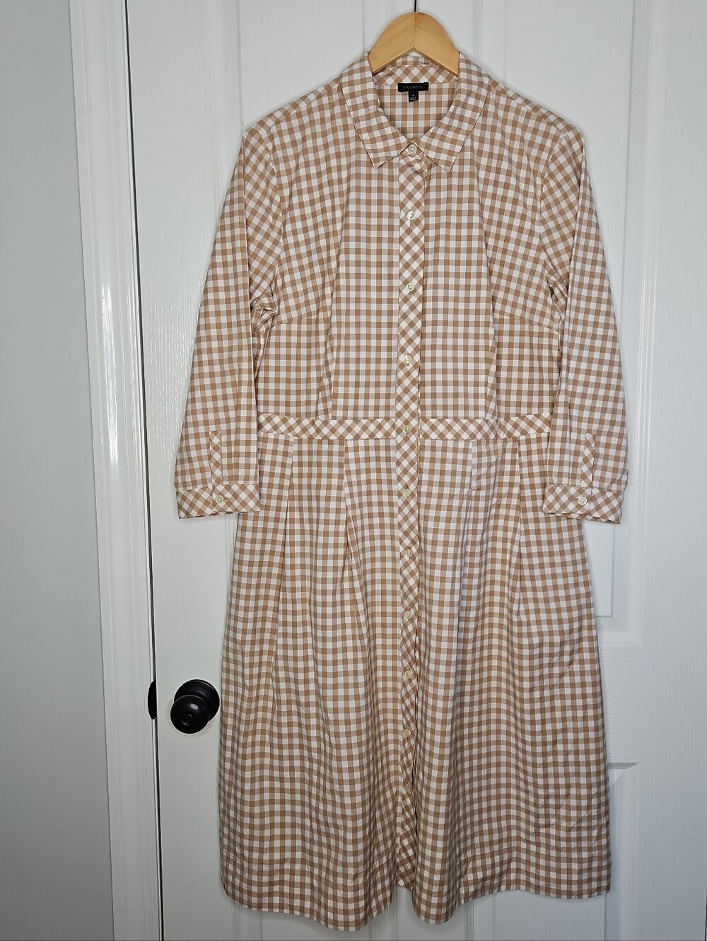 Talbots Gingham Check Fit & Flare Shirt Dress Size 14 Brown Cotton Button Front